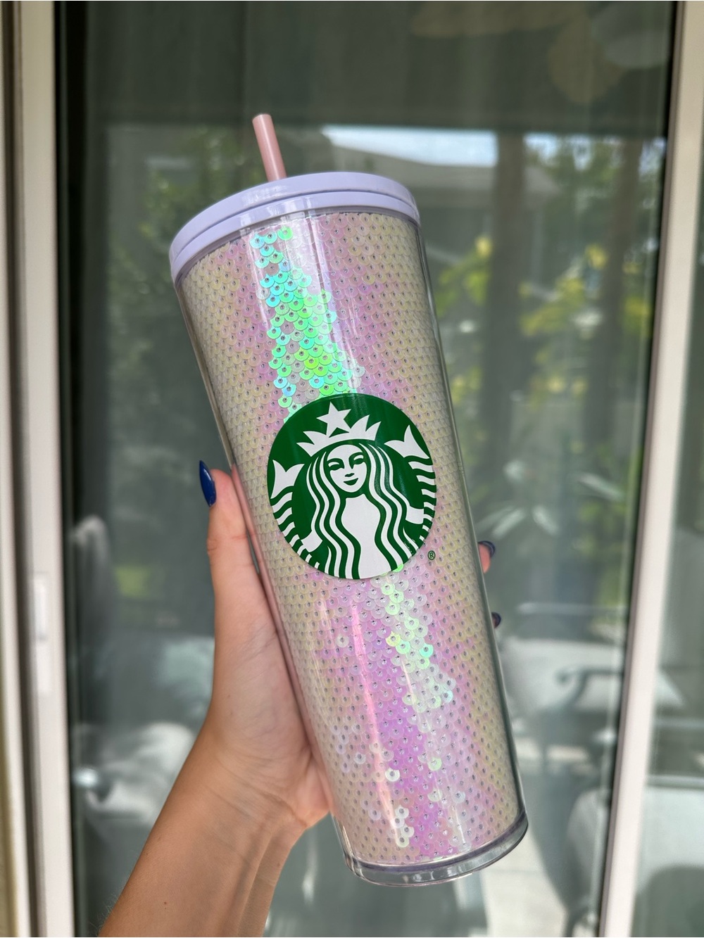 Starbucks Iridescent Sequin Tumbler with Green Logo and Pink Lid
